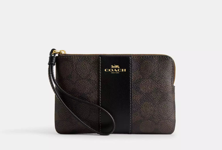 NWT Coach Signature Canvas & Leather Corner Zip Wristlet Wallet Walnut/Brown/Black