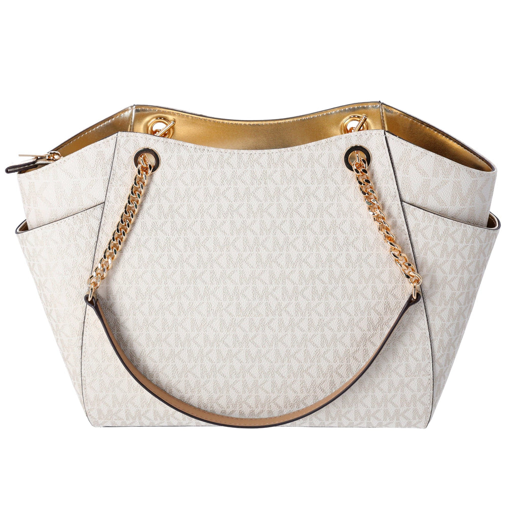 Michael Kors Jet Set Travel Large Chain Shoulder Tote Pale Gold MK Signature